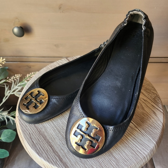 Tory Burch Shoes - Tory Burch Black Leather Flats with Gold Logo Medallion